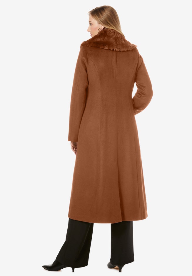 Long Wool-Blend Coat with Faux Fur Collar image number 4
