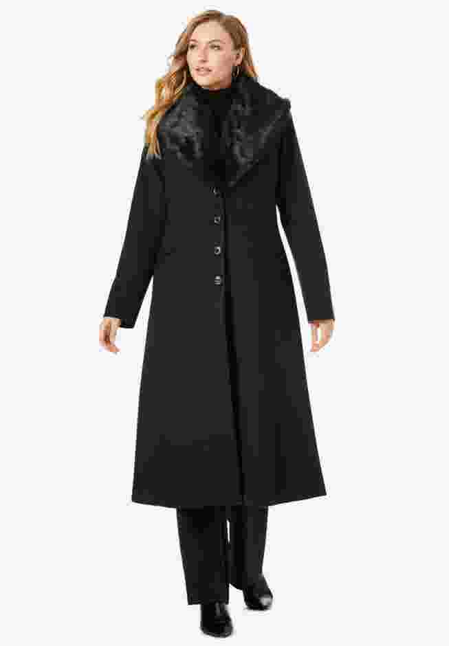 Long Wool-Blend Coat with Faux Fur Collar image number 0