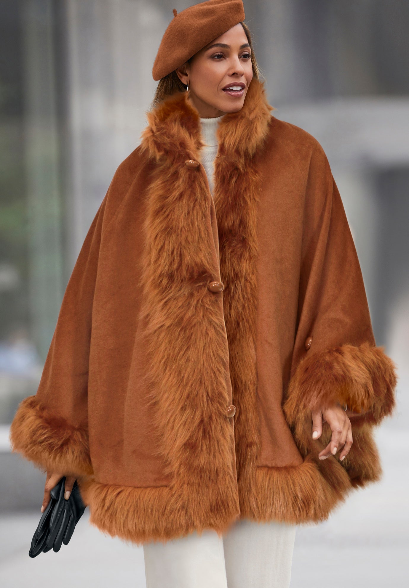 Faux Fur Trim Wool Cape image number 0