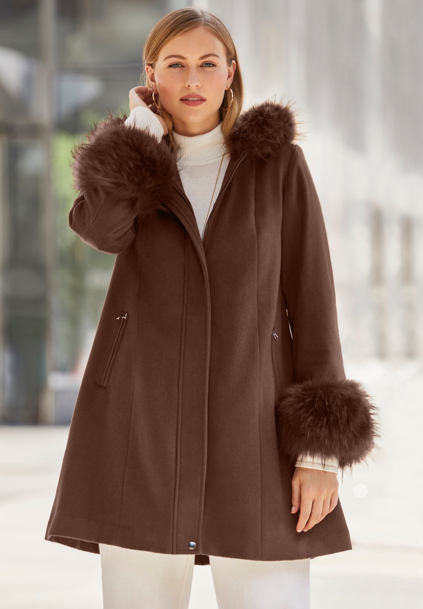 Hooded Faux Fur Trim Coat image number 0