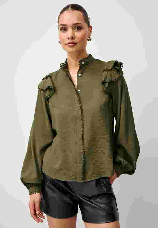 Ruffle Shoulder Blouse with Flat Pom Pom Trim image number 3