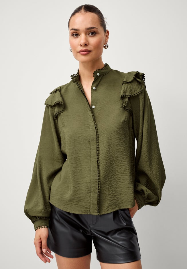 Ruffle Shoulder Blouse with Flat Pom Pom Trim image number 2