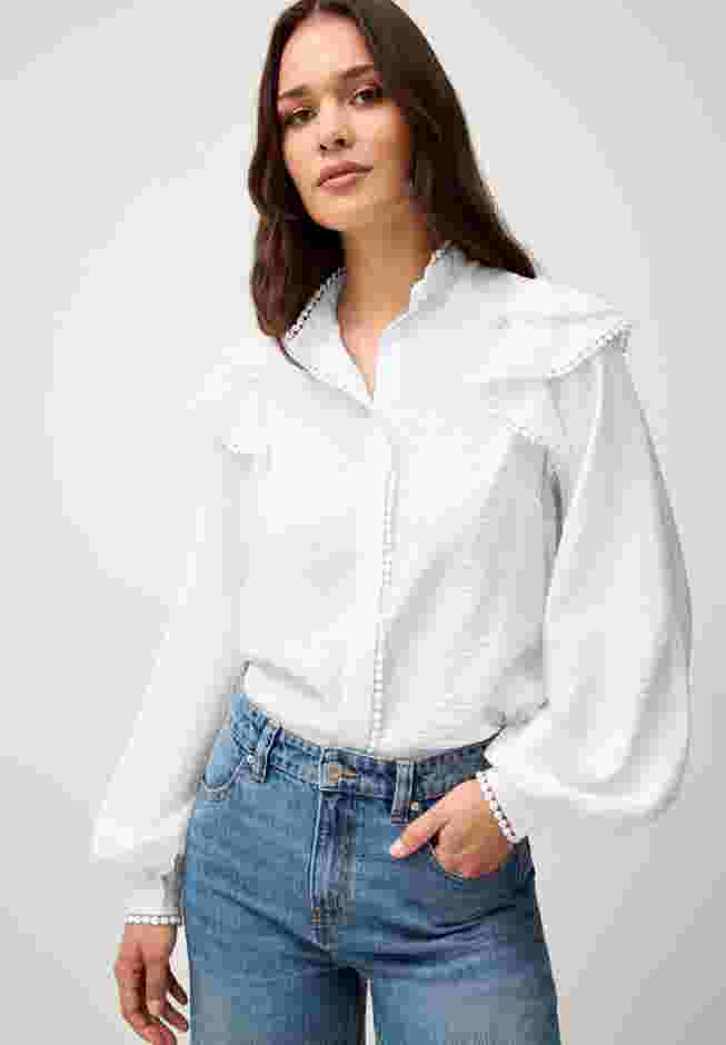 Ruffle Shoulder Blouse with Flat Pom Pom Trim image number 0