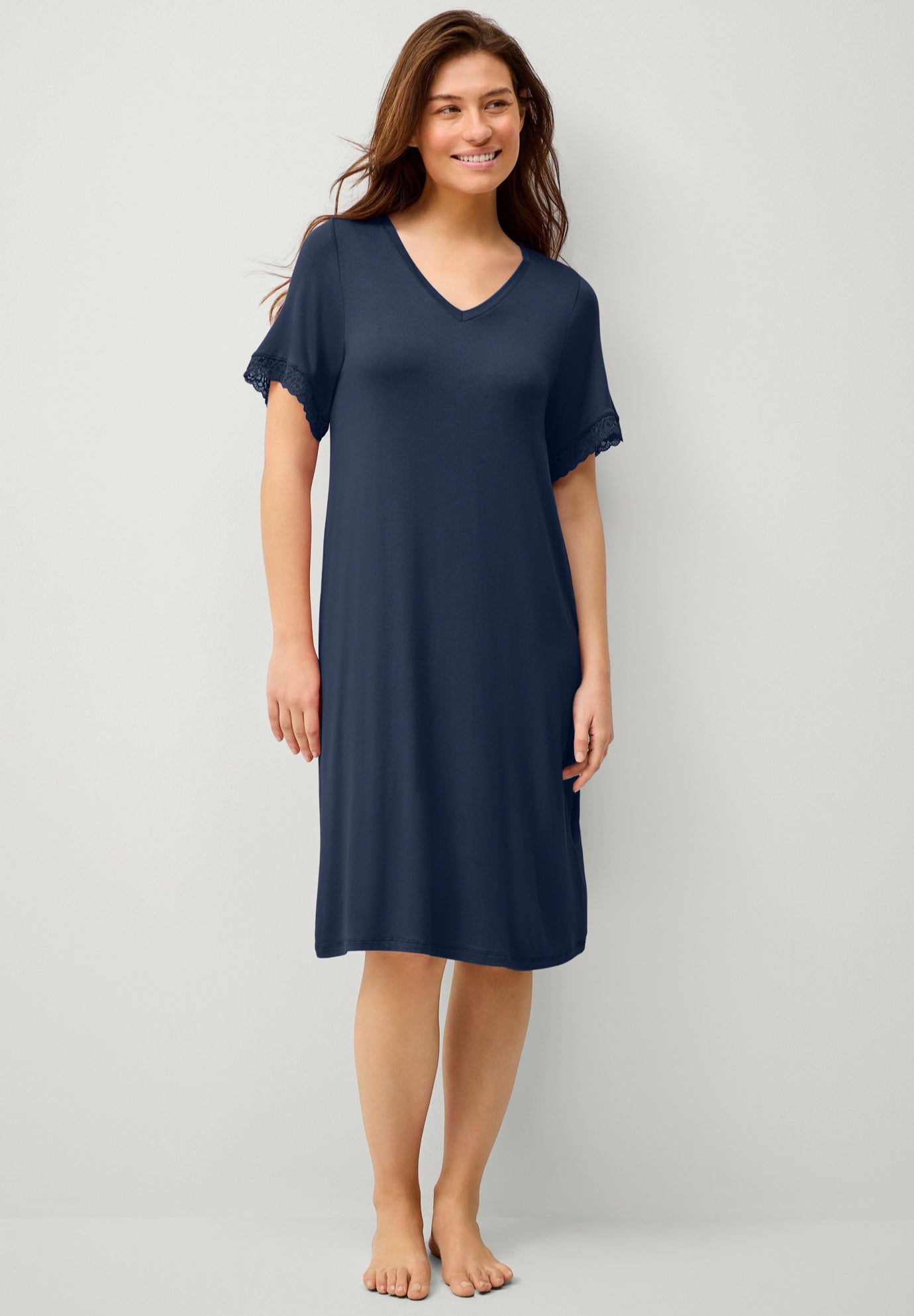 Stretch Knit V-neck Short Sleeve Lace Trim Sleep Shirt image number 0