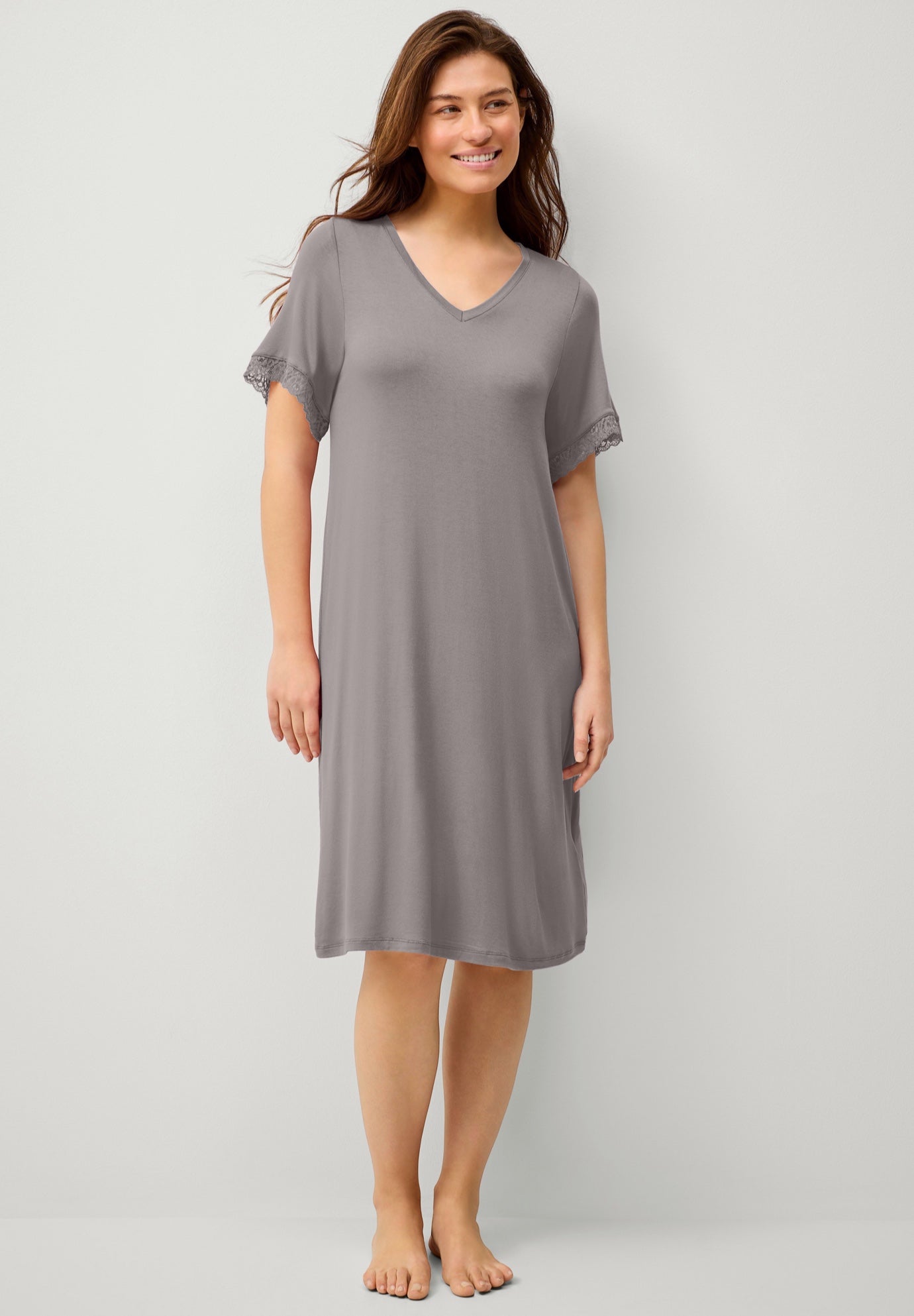 Stretch Knit V-neck Short Sleeve Lace Trim Sleep Shirt image number 0