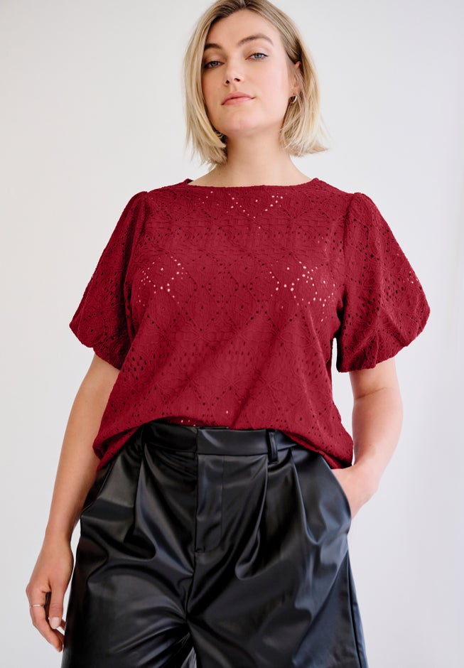 Short Puff Sleeve Lace Tee image number 1