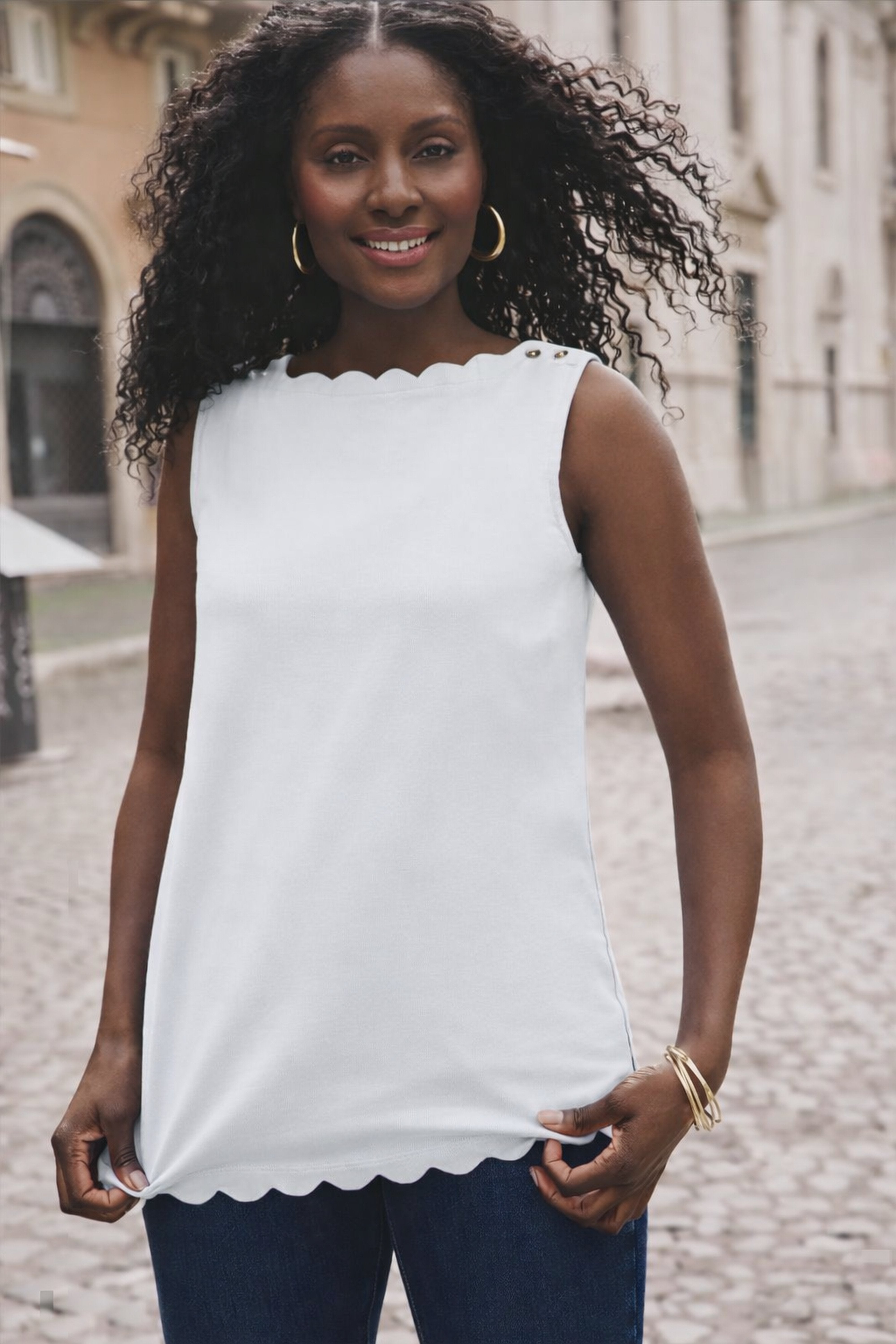 Sleeveless Scallop Boatneck Tee image number 0