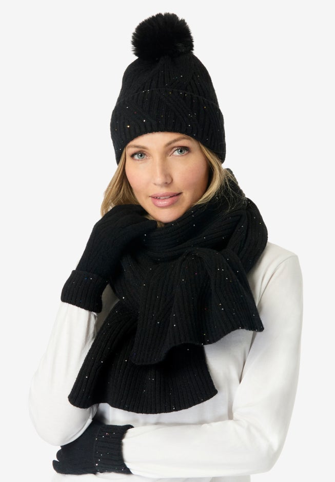 3-Pc Sequin Knitted Hat, Scarf And Gloves Set image number 0