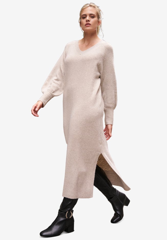 V-Neck Midi Sweater Dress With Side Slits image number null