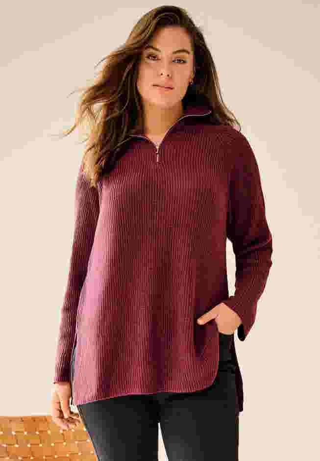 ¼ Zip Sweater Tunic With Side Slits image number 0