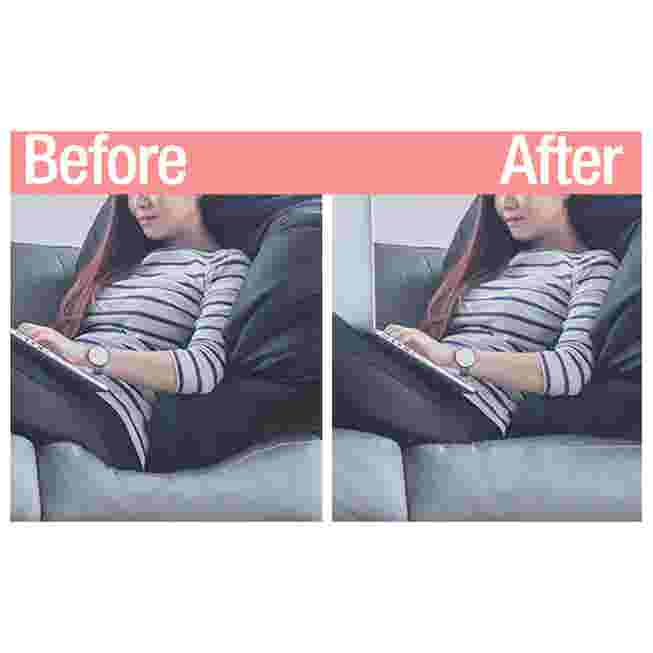 Before and after comparison of a person sitting on a sofa with and without the cushion support