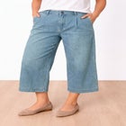 100% Cotton Mid-Rise Lightweight Denim Elastic Waist Wide-Leg Crop Trouser Jeans image number 0