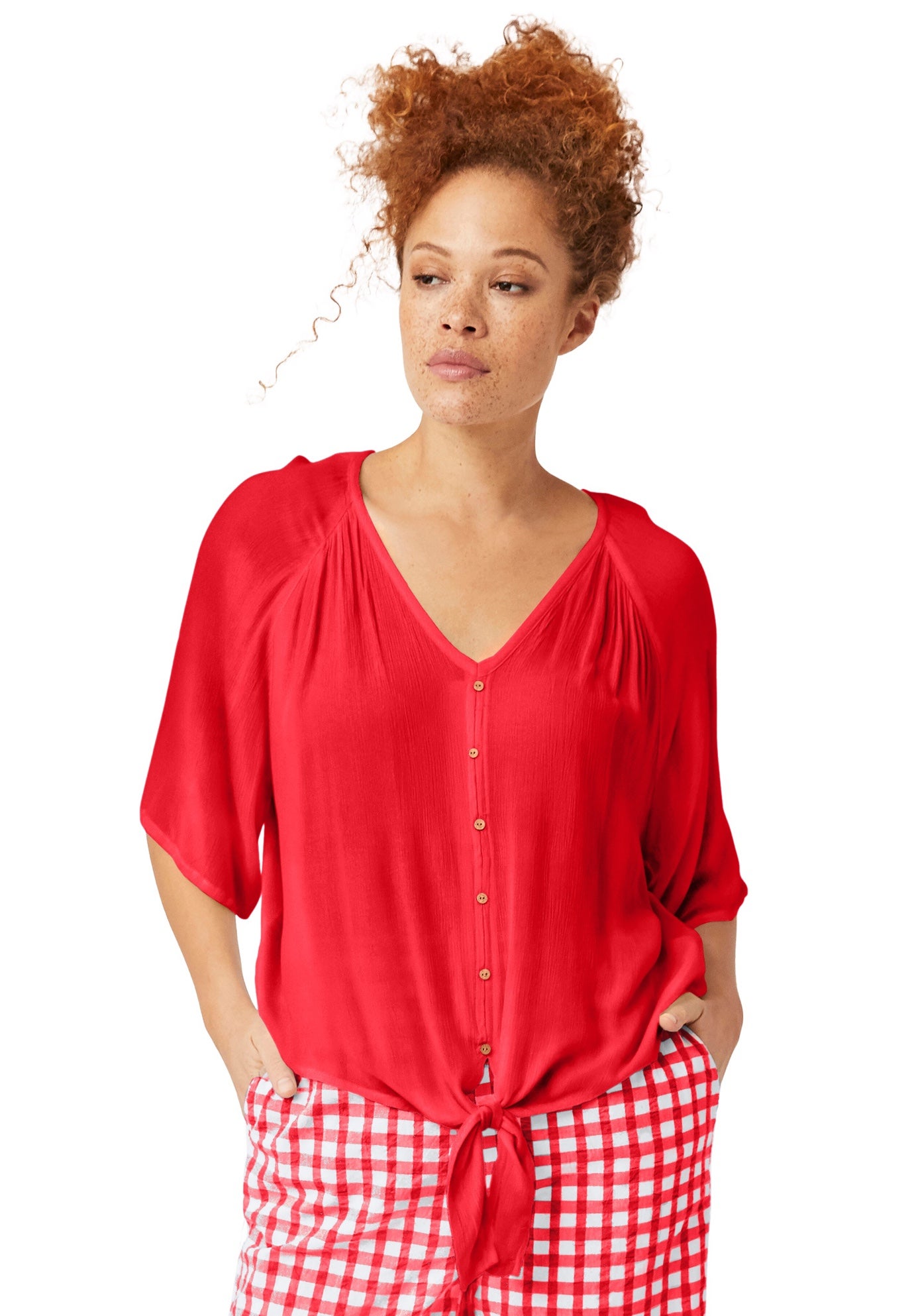 V-Neck Crinkle Tie-Front Elbow-Sleeve Blouse image number 0