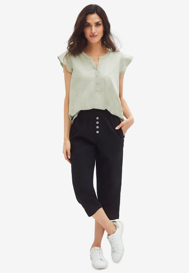 Ribbed Elastic Waist Linen-Blend Capris image number 0