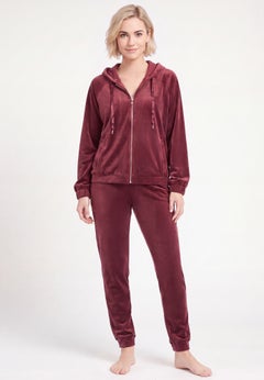 Stretch Velour Zip Front Long Sleeve Jacket With Hood