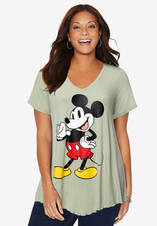 Disney Sage Green Mickey V-Neck Point Hem Tee image number 0