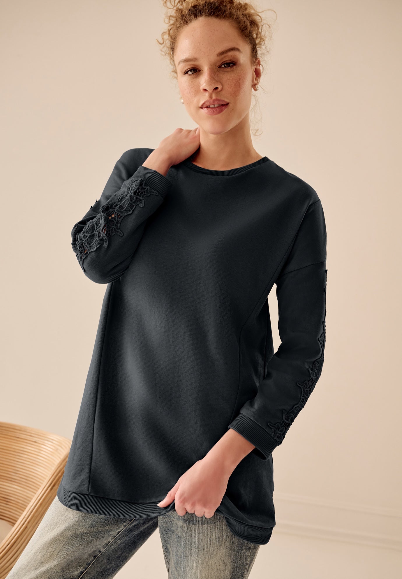 French Terry Lace Trim Sweatshirt Tunic image number 0