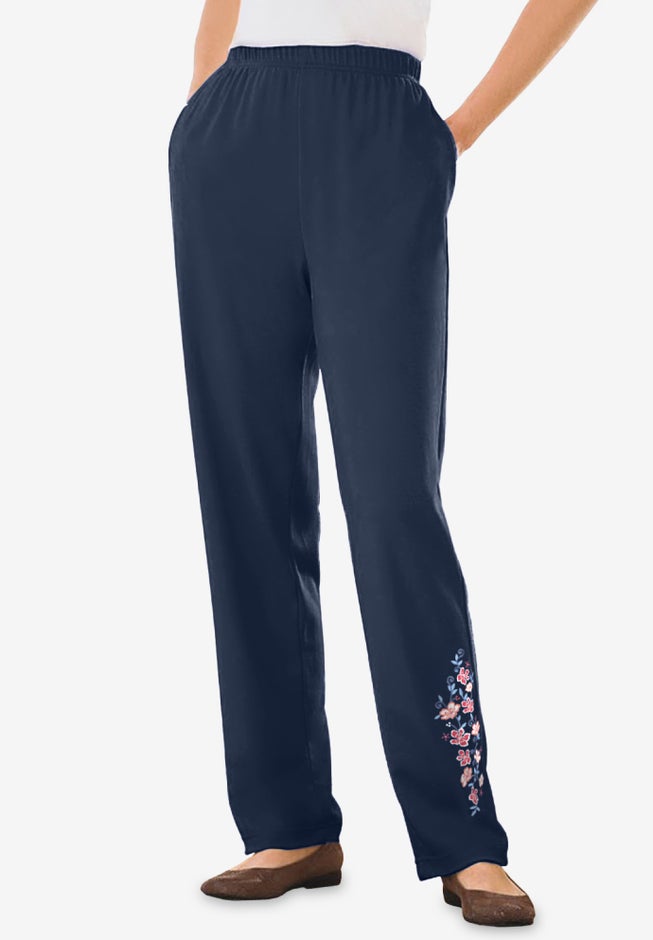 7-Day Knit Embroidered Straight-Leg Pull-On Pants image number 1