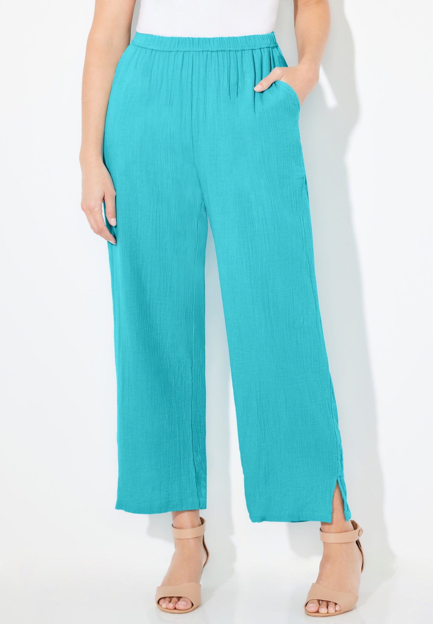 【INCHANT ME】Pigmented Cotton Long Wide Pants Wide Leg Pucker Cotton Pant - AnyWear, Aqua Blue | Ellos
