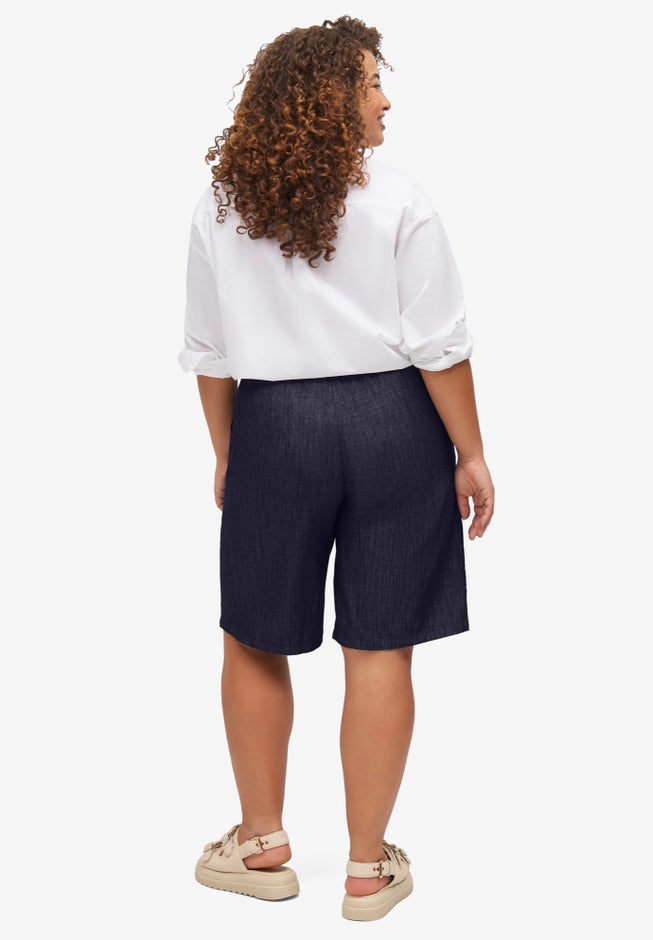 Elastic High-Waist Pull-On Denim Shorts image number 1