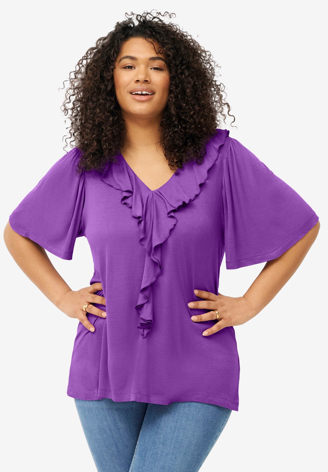 Stretch Knit V-neck Ruffle Front Tunic image number 0