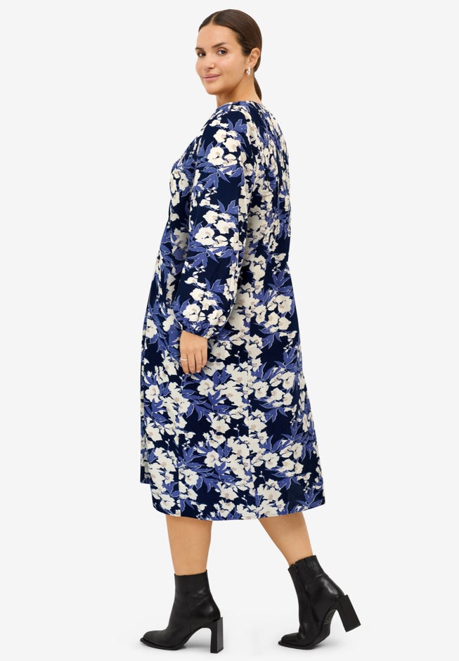 Smocked Bodice V-Neck Midi Dress image number null