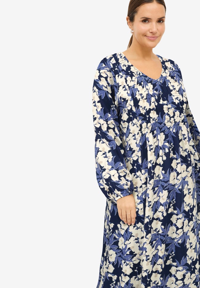 Smocked Bodice V-Neck Midi Dress image number null