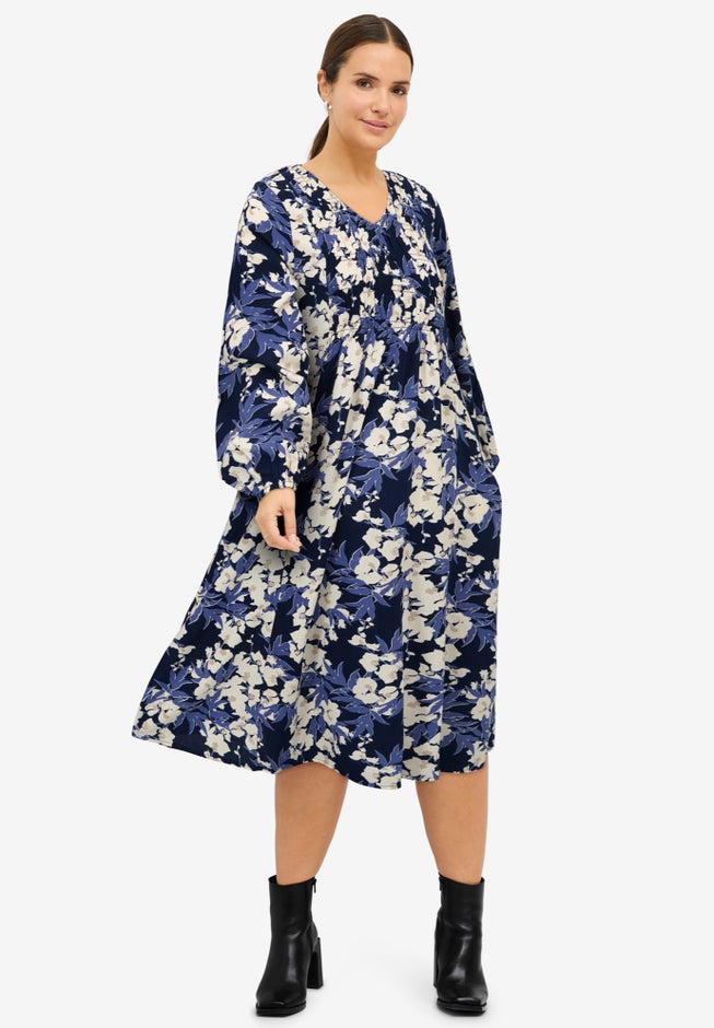 Smocked Bodice V-Neck Midi Dress image number null