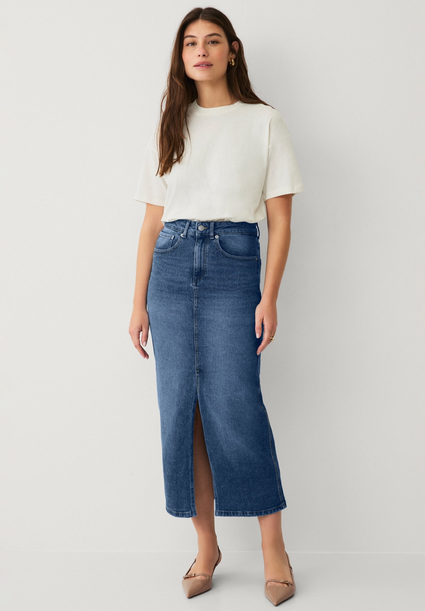 High-Waist 5 Pocket Stretch Denim Maxi Skirt image number 0