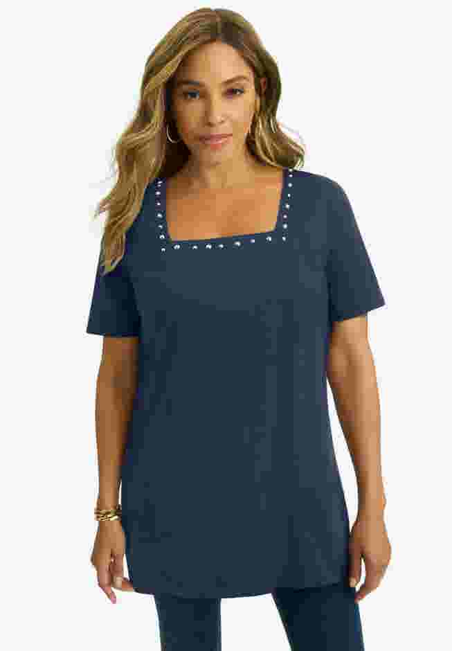 Stretch Cotton Studded Square Neck Tunic image number 0