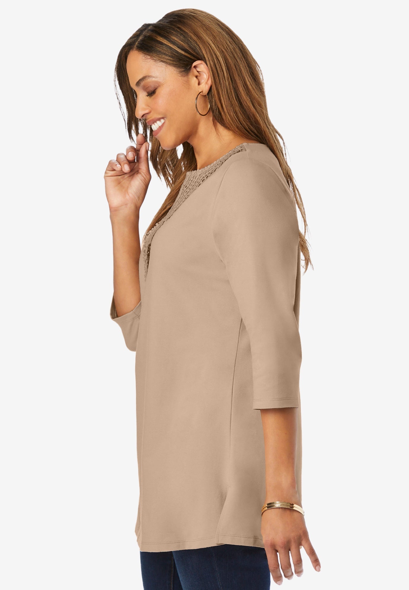 Stretch Cotton Crochet Notch Neck Tunic image number 1