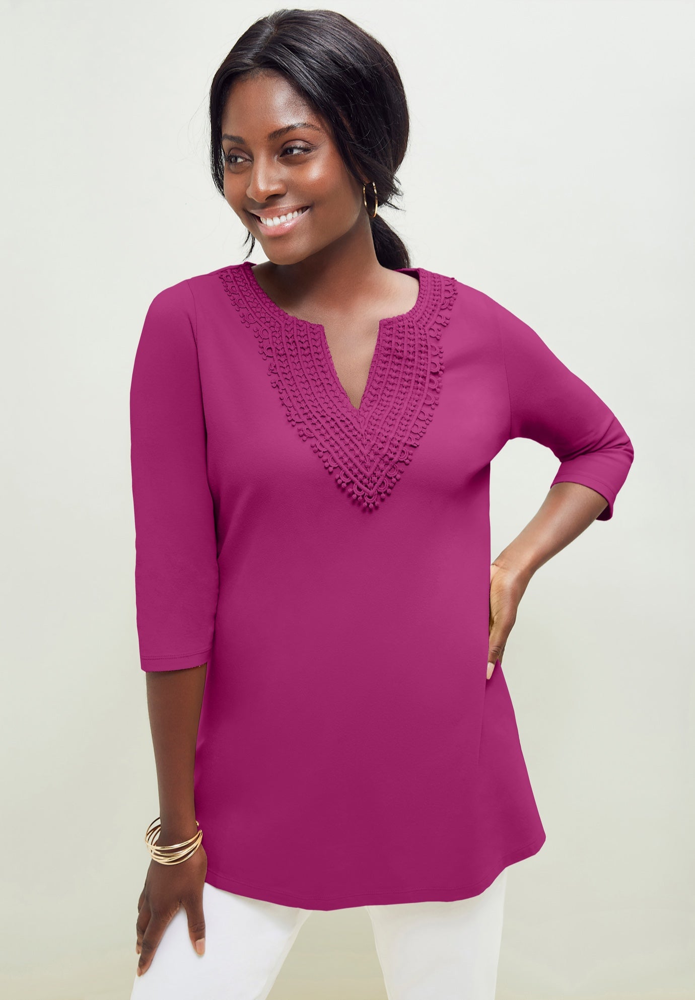 Stretch Cotton Crochet Notch Neck Tunic image number 0