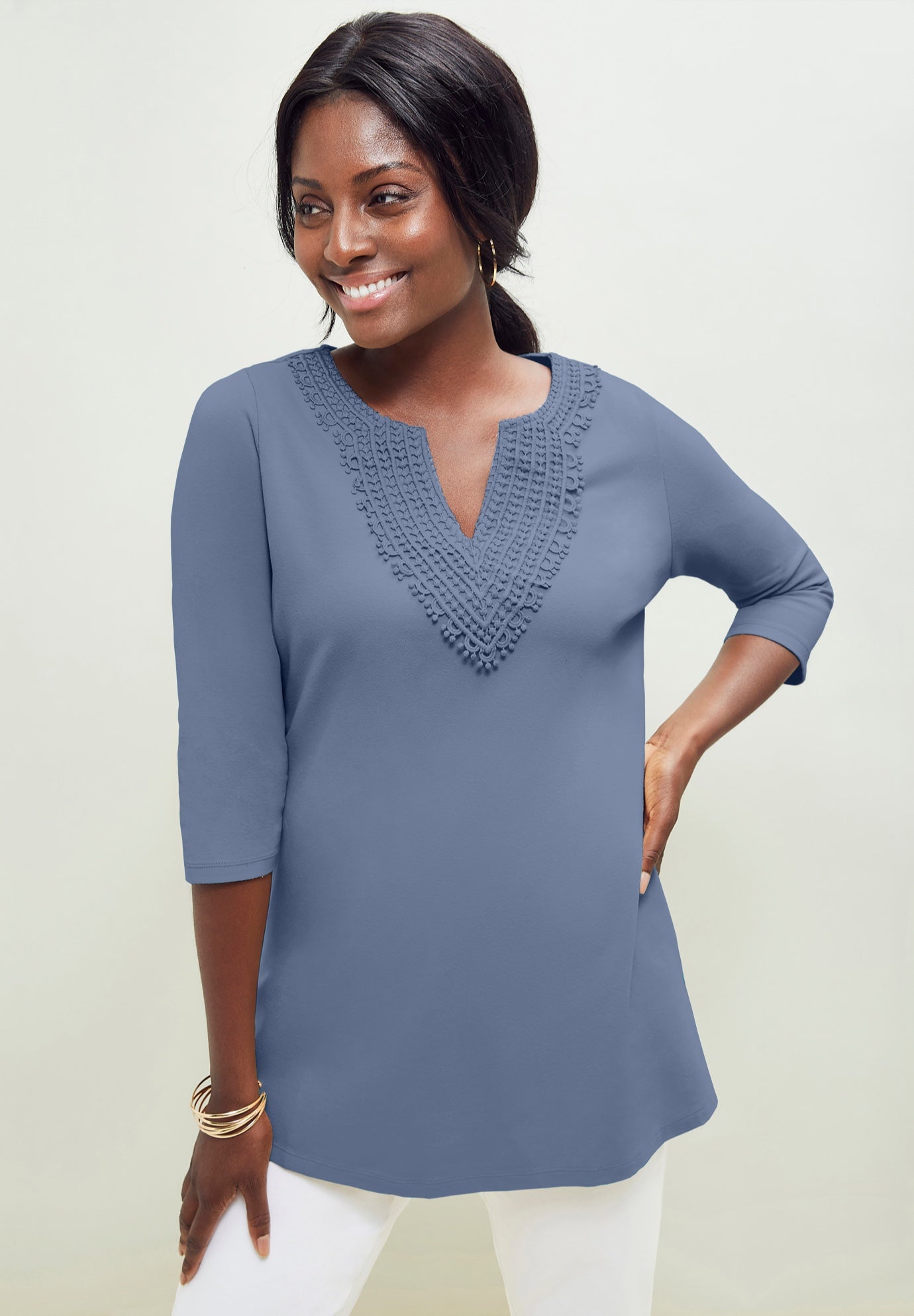 Stretch Cotton Crochet Notch Neck Tunic image number 0
