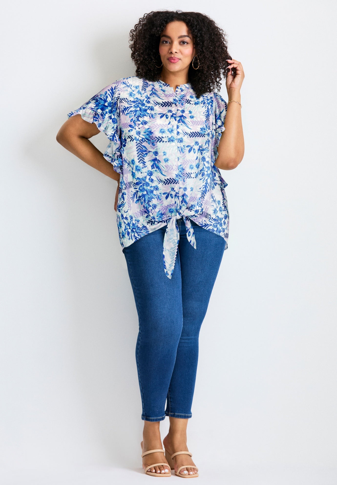 Tie Front Scarf Sleeve Blouse image number 0