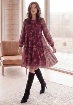 Tier Ruffle Peasant Dress With Sheer Sleeves