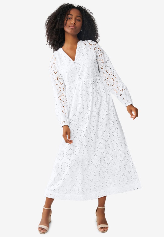 Eyelet Midi Dress with Blouson Sleeves image number null