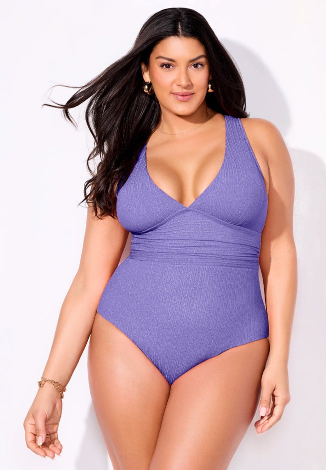 Sparkle Ribbed V-Neck One Piece Swimsuit image number 3