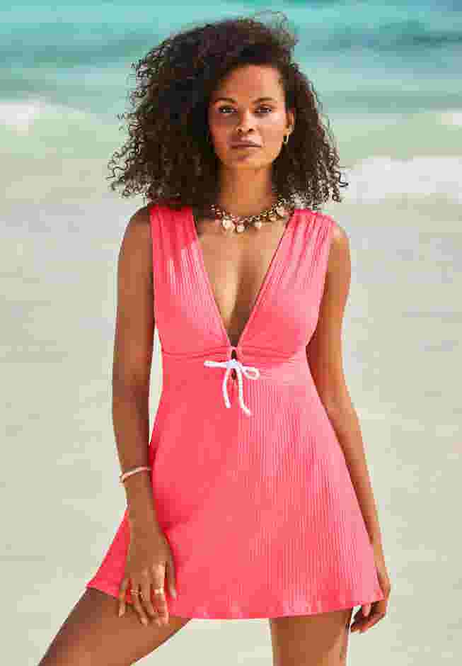 Ribbed Rope-Tie V-Neck Swimdress image number 0