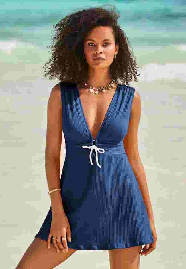 Ribbed Rope-Tie V-Neck Swimdress image number 0