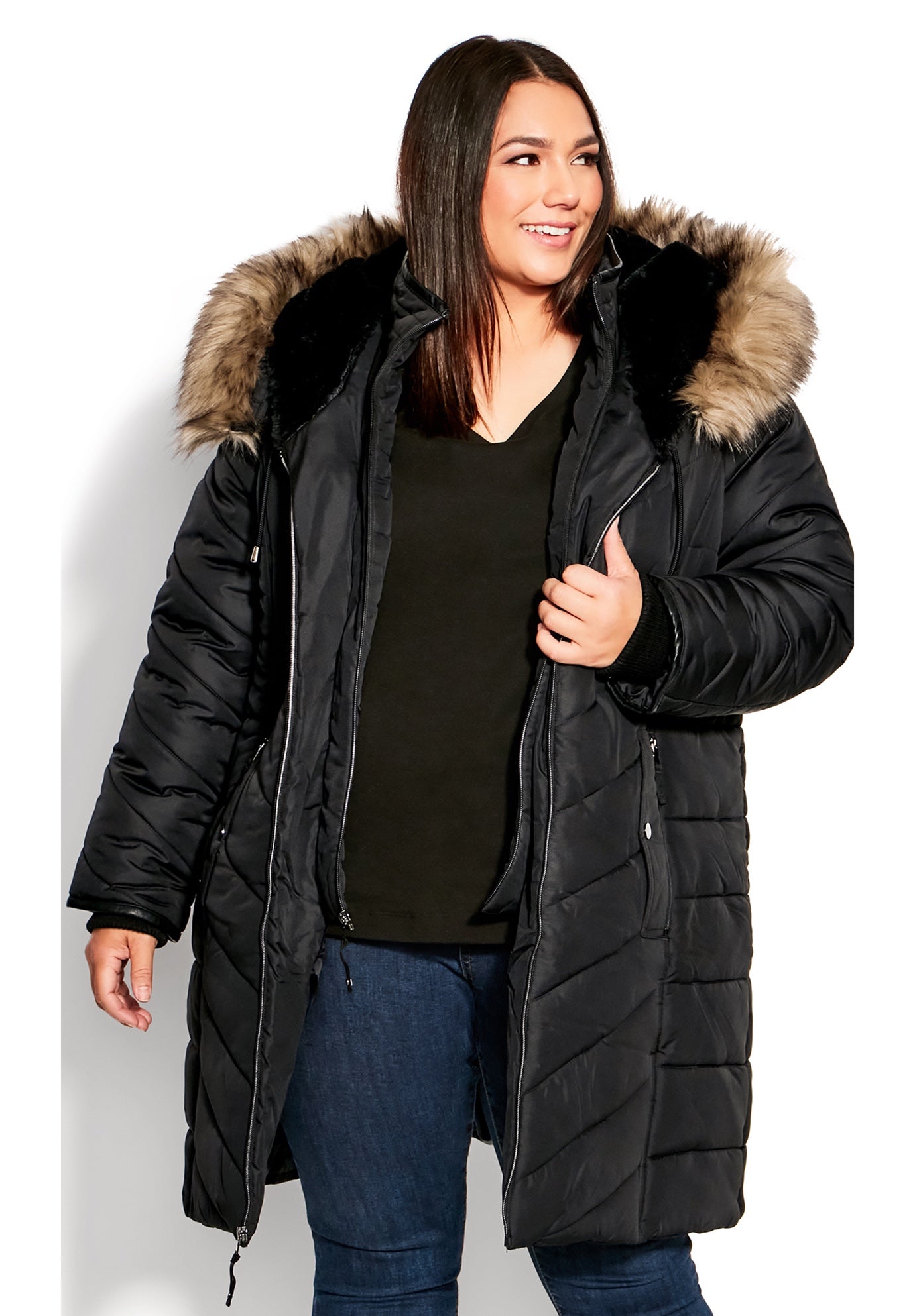 Chevron Faux Fur Hood Long Puffer Coat image number 0