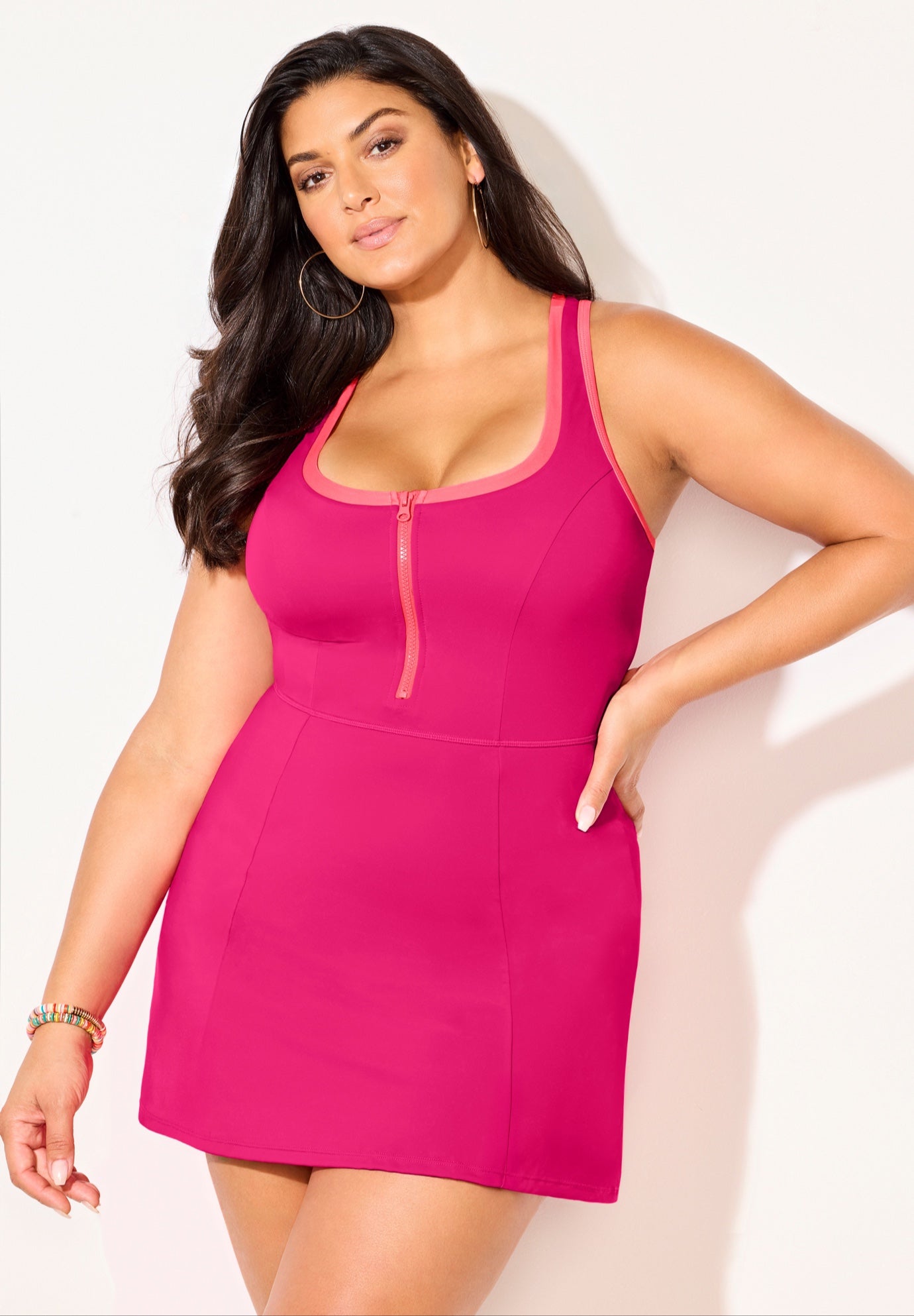 Zip-Front Contrast Trim Swimdress image number 3