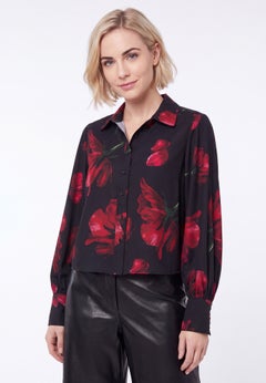 Cropped Oversized Blouson Sleeve Button Front Blouse