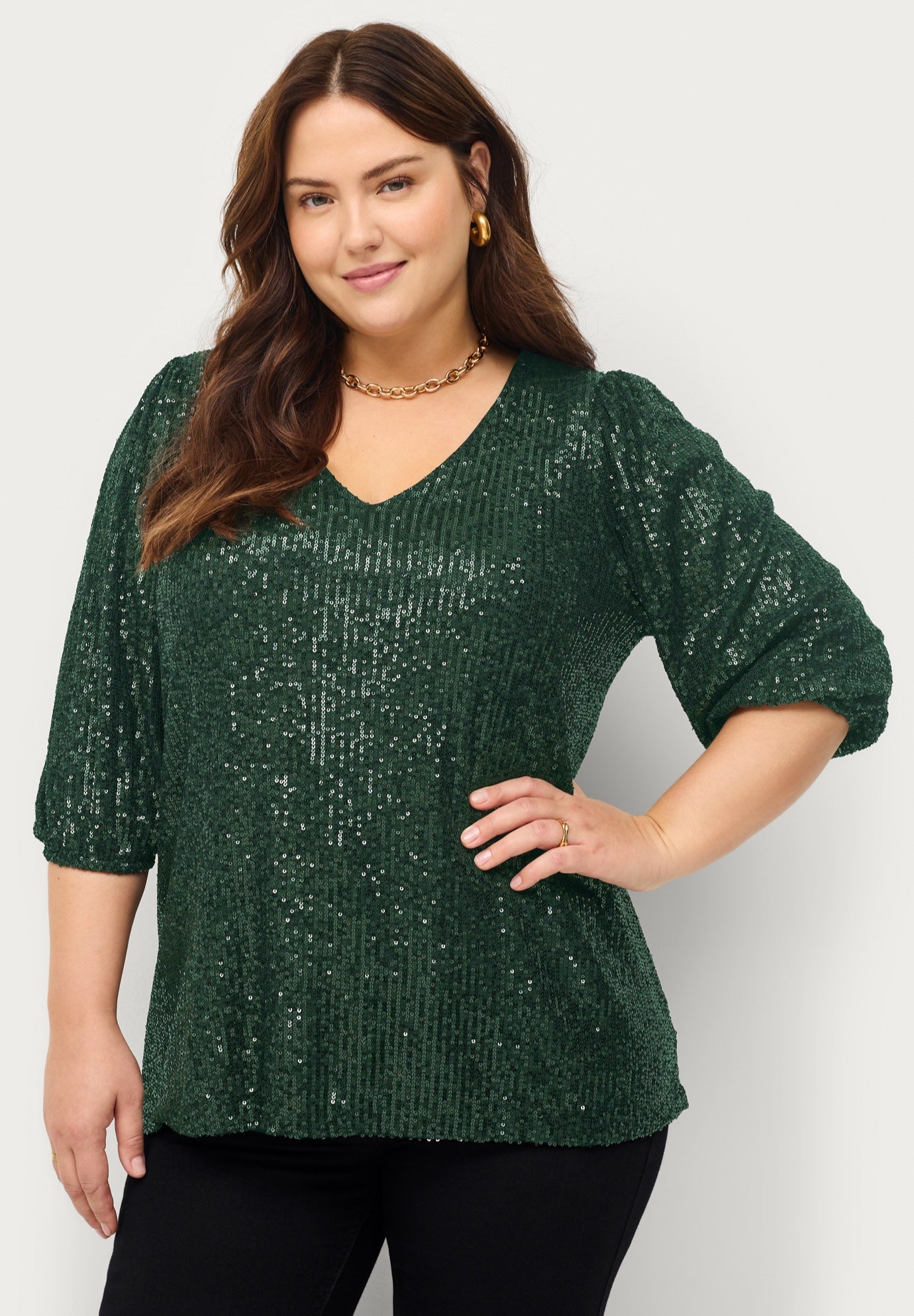 V-Neck Sequin Top With Blouson Sleeves image number 0