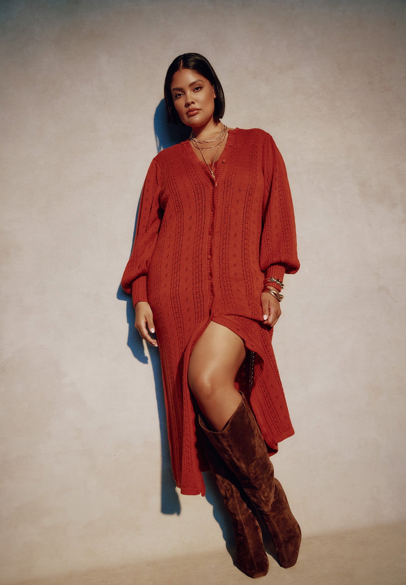 Puff-Sleeve Cardigan Sweater Midi Dress image number 0