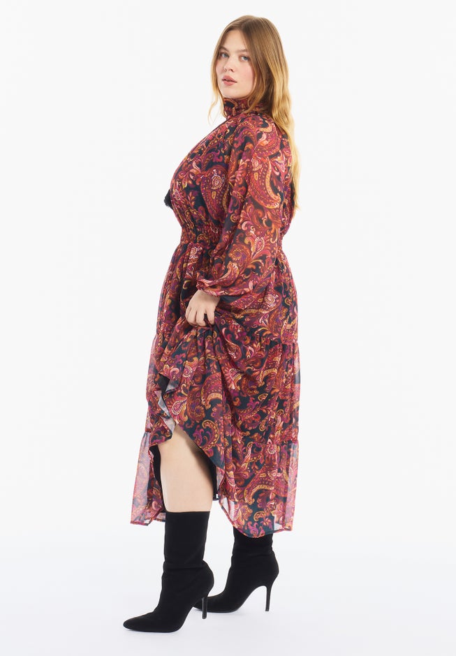 Mock-Neck Chiffon Midi Dress image number 3