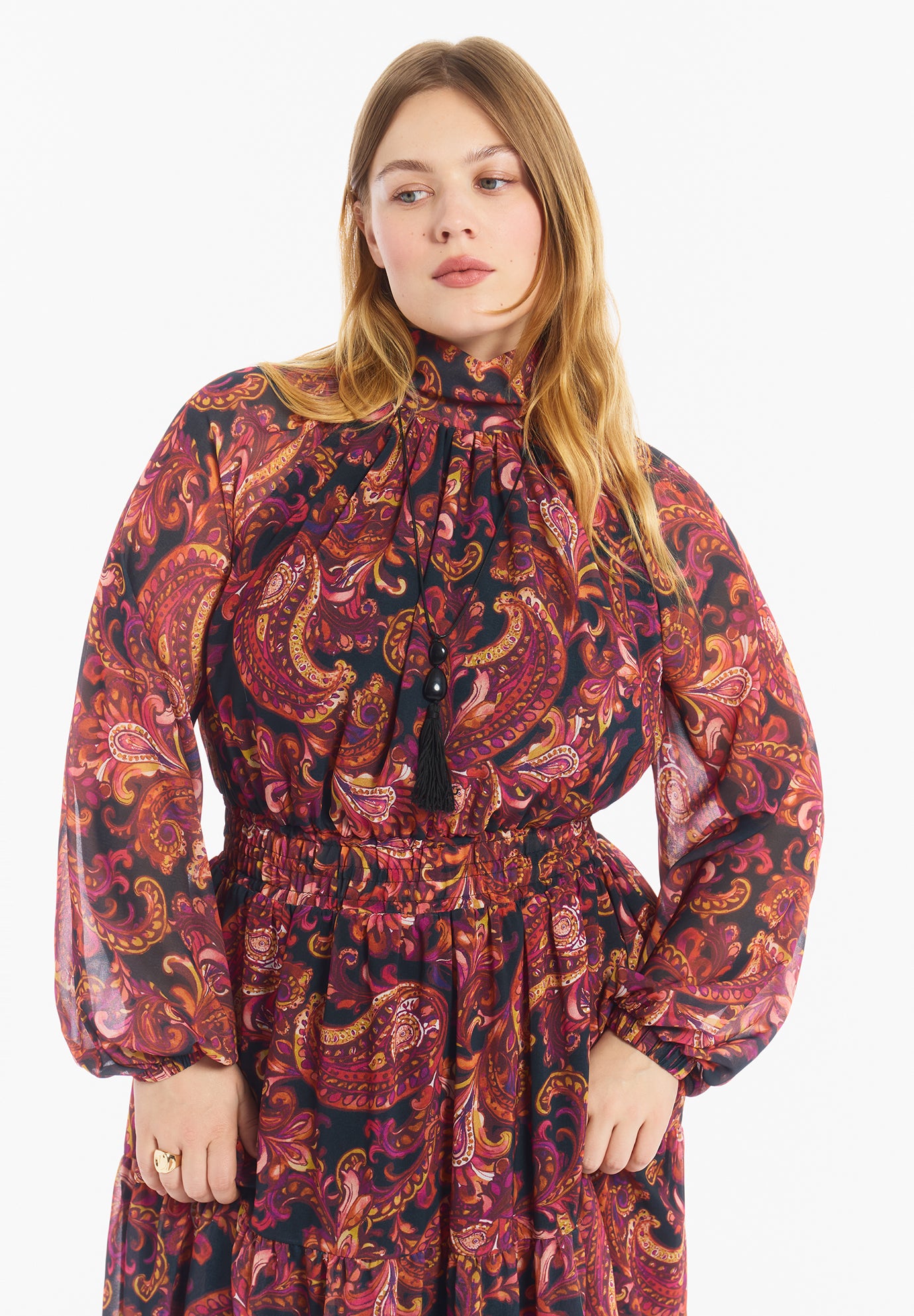 Mock-Neck Chiffon Midi Dress image number 4