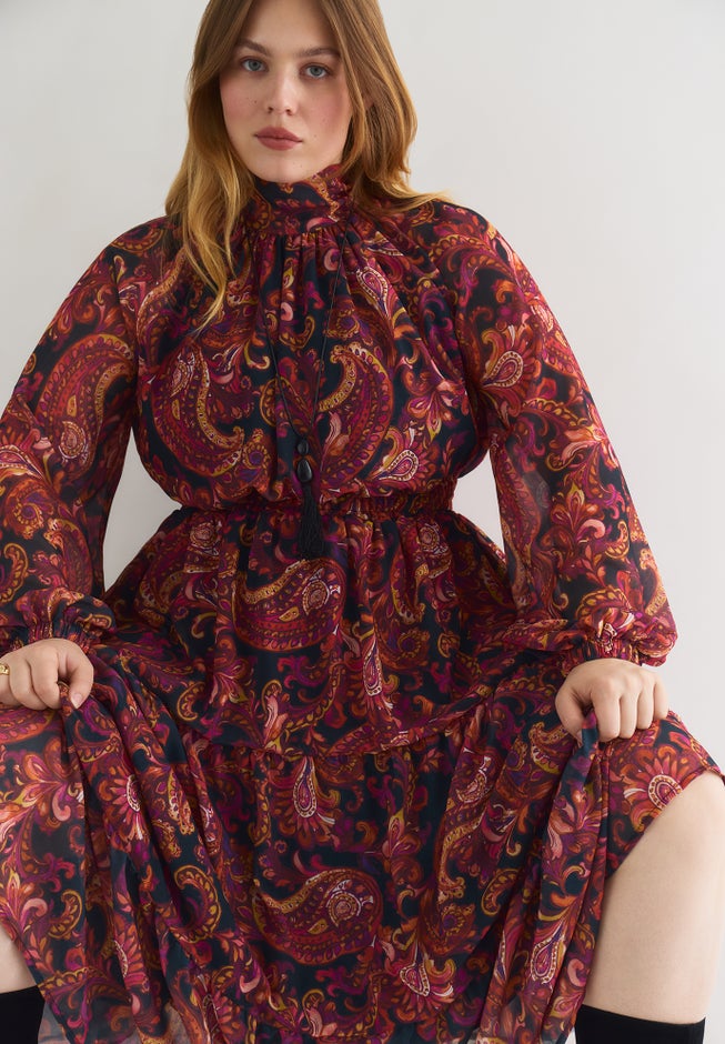 Mock-Neck Chiffon Midi Dress image number 5