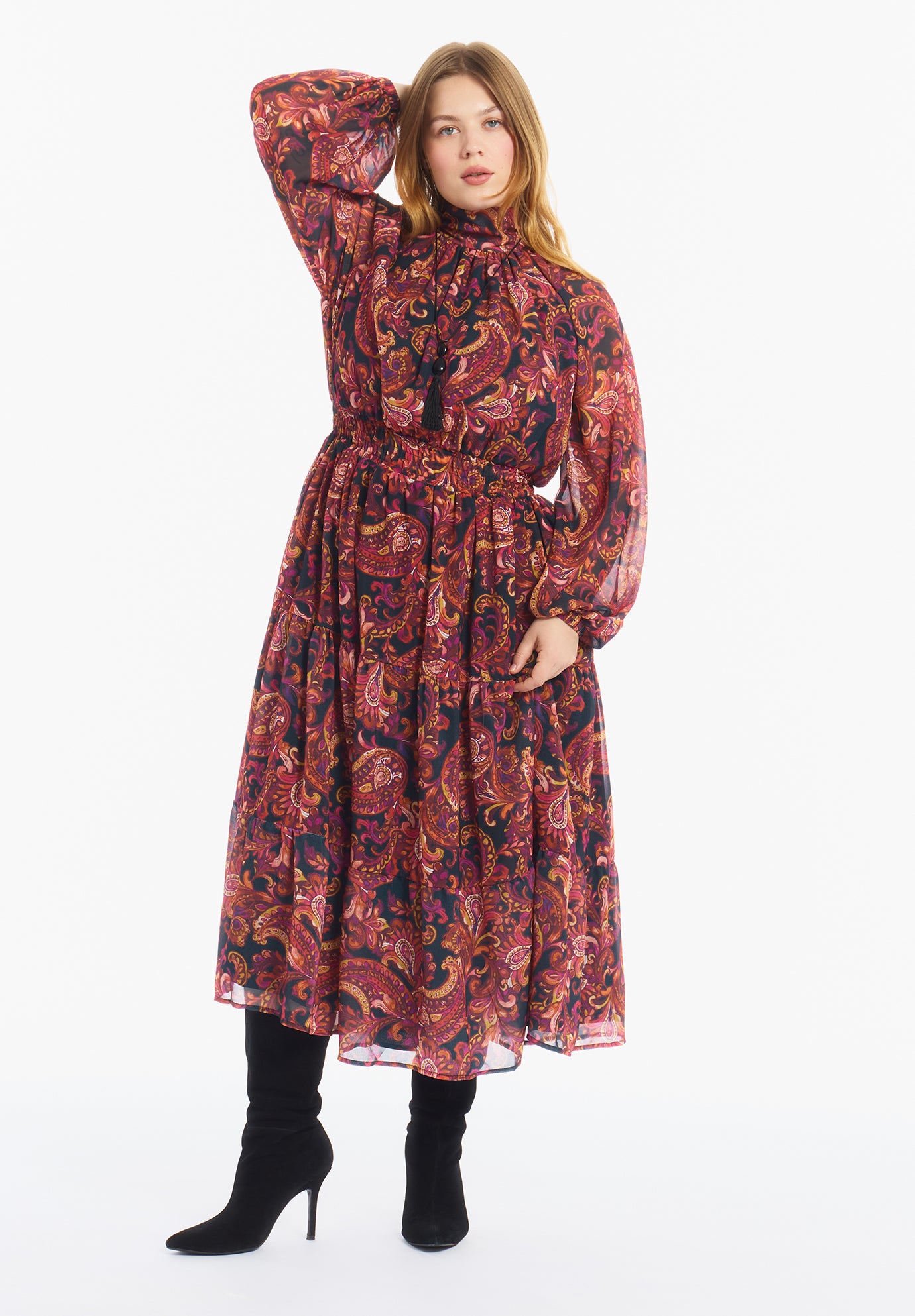 Mock-Neck Chiffon Midi Dress image number 1