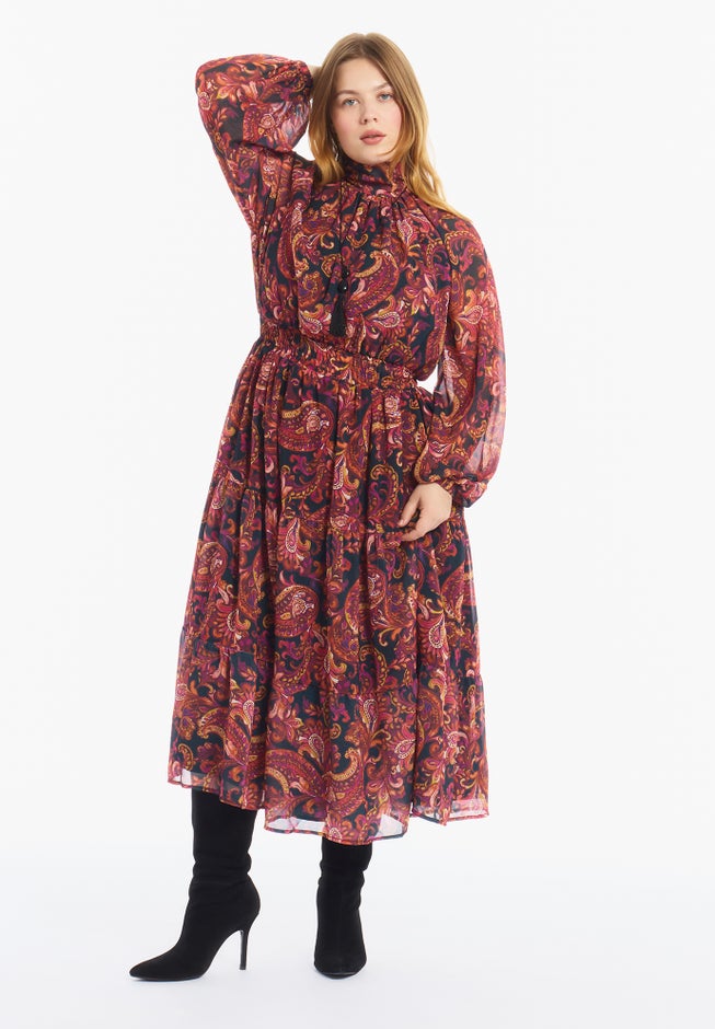 Mock-Neck Chiffon Midi Dress image number 1