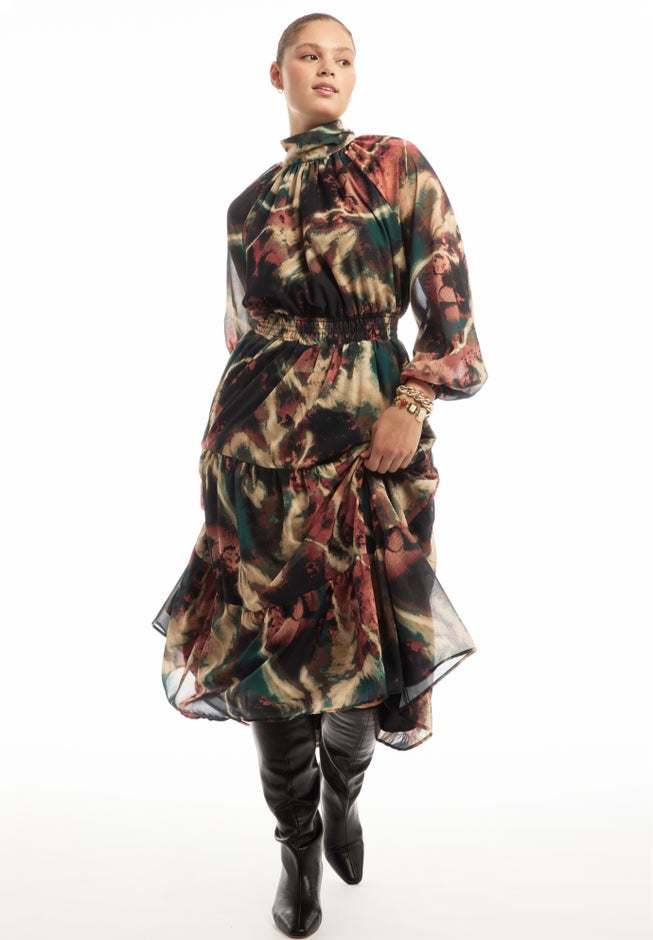 Mock-Neck Chiffon Midi Dress image number 0